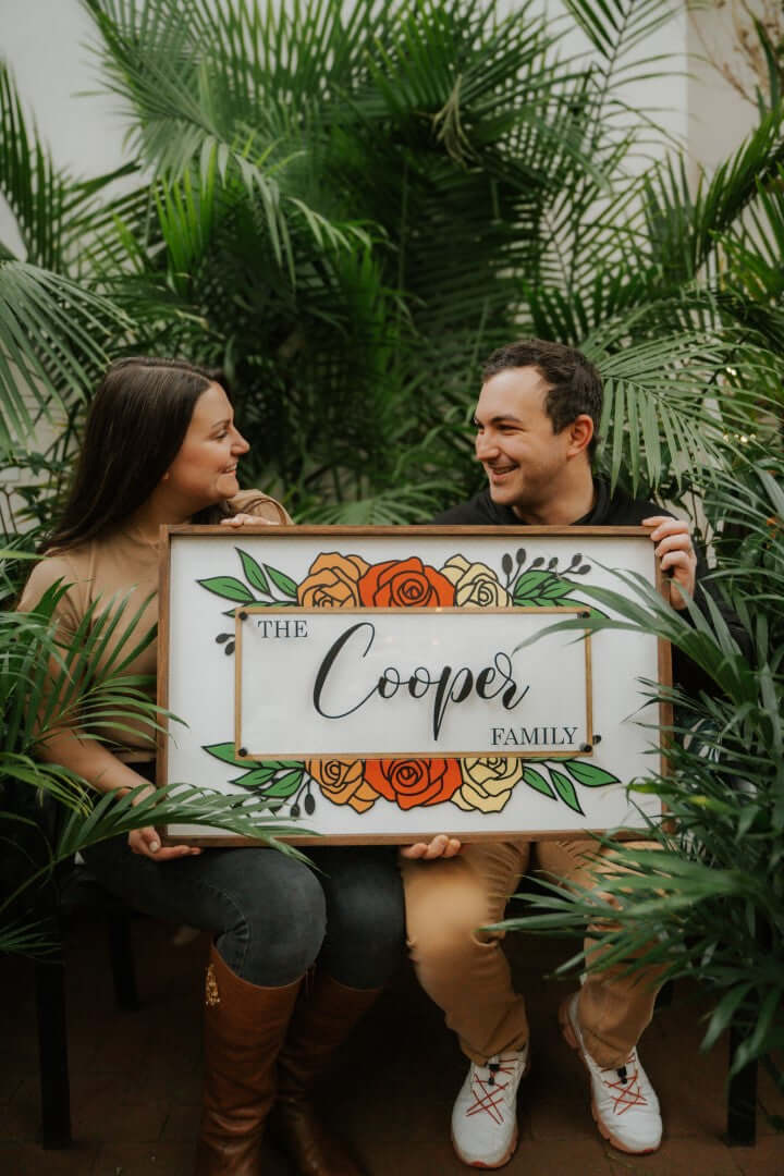 Botanical Flower Family Sign in a greenhouse with couple 