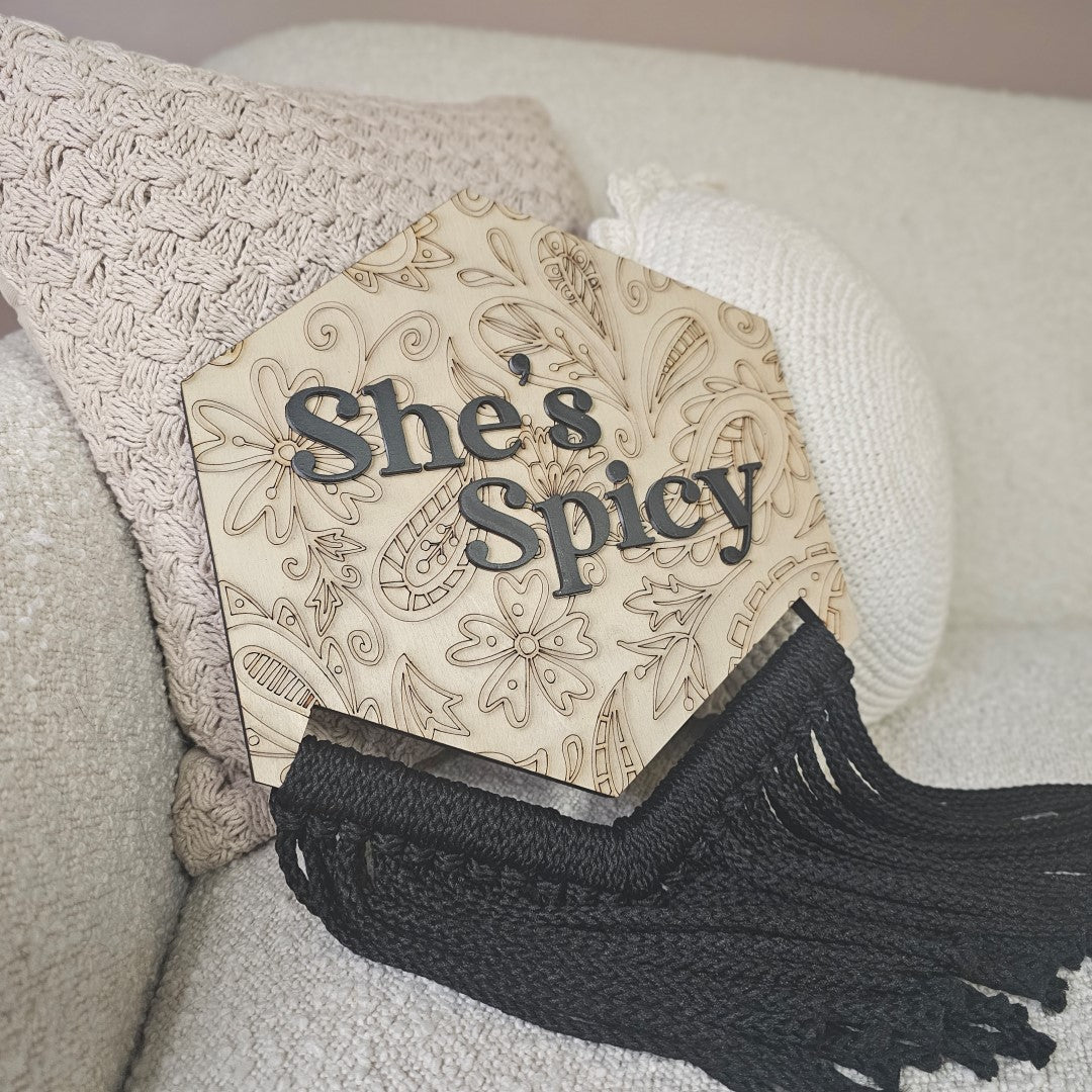Boho Girls Office Shes Spicy Wood Frayed Rope Sign