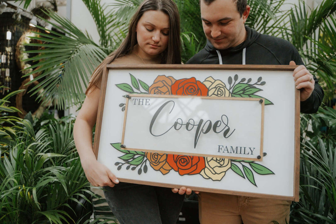 Greenhouse photo with Family last name sign with flowers and acrylic and last name laser cut acrylic