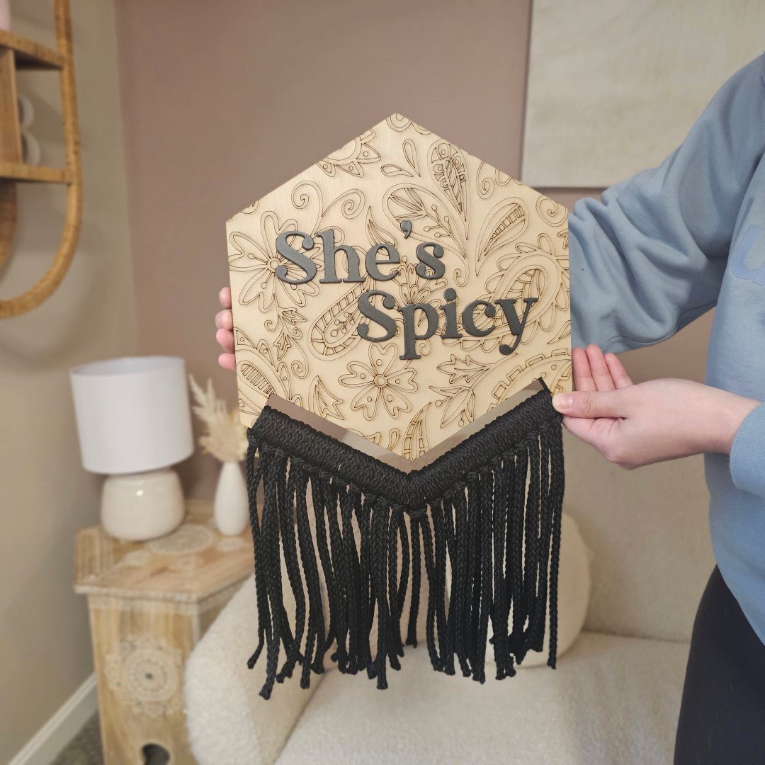 Boho Girls Office Shes Spicy Wood Frayed Rope Sign