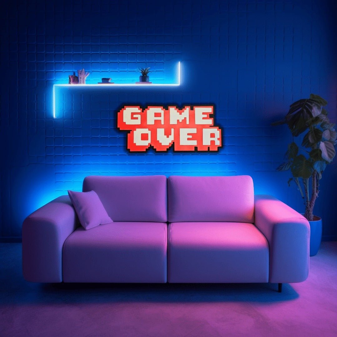 Game over Mock up in game room over couch with LED lights