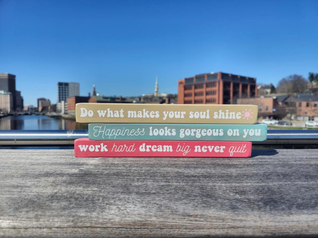Inspirational Boho Small Signs with quotes and a city in the backgorund