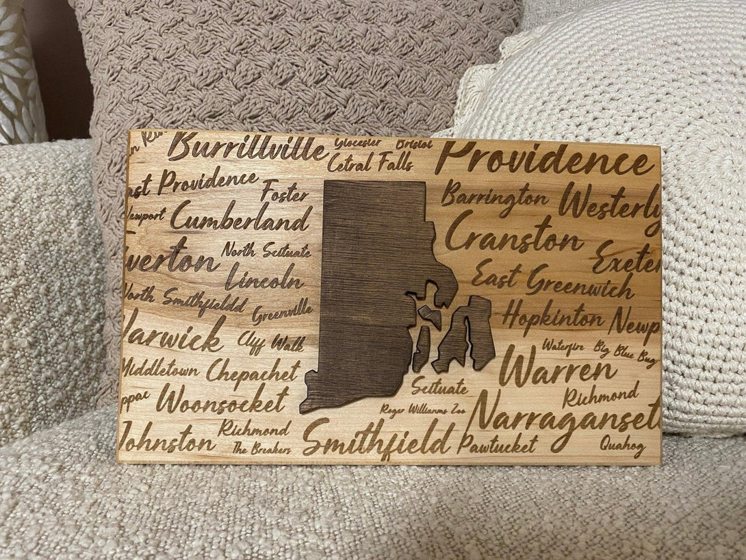 Rhode Island State and Towns Laser Engraved Wood Signs